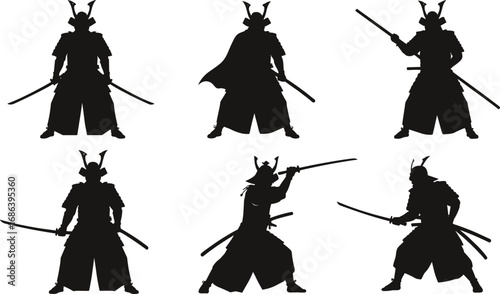 Samurai warrior silhouettes in traditional armor, martial arts stance, holding katana swords and spears, historical Japanese fighters, battle ready.