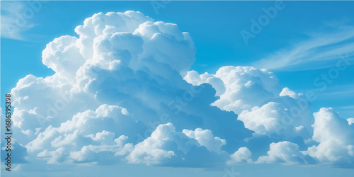 Beautiful, fluffy white clouds drift across a bright, blue sky on a clear summer day