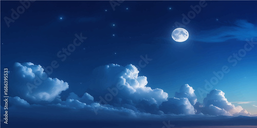 Full moon casts its brilliant light on the dark sea below, while the night sky is filled with clouds and a sprinkling of stars
