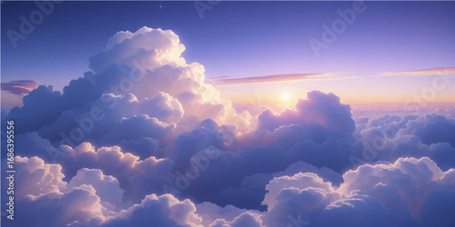 Fluffy white cumulus clouds drift gracefully across the deep blue sky, painting a serene and beautiful summer cloudscape