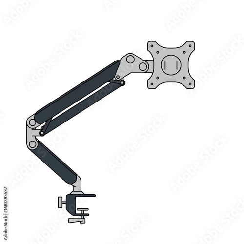 An articulated monitor arm with a clamp base, designed for ergonomic and flexible display positioning.