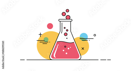 Dynamic laboratory flask with vibrant liquid and bubbles, perfect for science projects and design