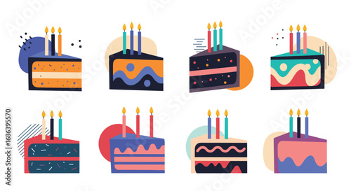 Colorful birthday cake slices with lit candles ready for celebrations and joyous events