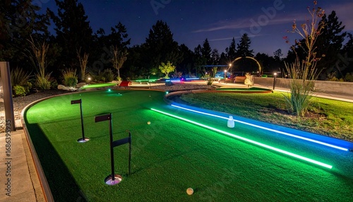 A vibrant mini-golf course at night illuminated with colorful LED lights, featuring glowing pathways and lush landscaping.