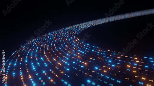 Glowing binary code in curved motion with blue and orange lights on dark background, symbolizing data transfer, digital communication, and futuristic information flow.