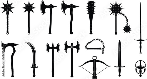 Silhouette collection of medieval weapons including maces, axes, swords, crossbow, flail, battle weapons set, historical armory and combat gear