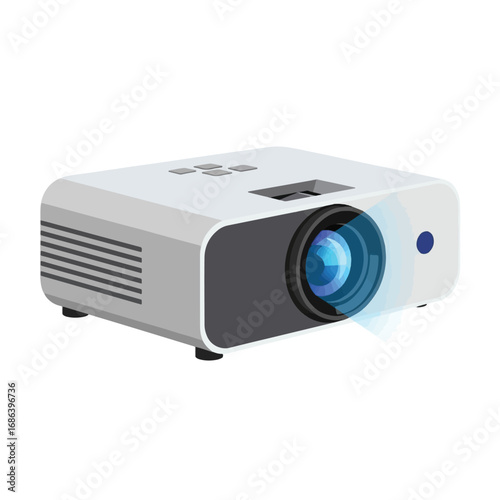 A modern white digital video projector with a blue light beam emitting from the lens, isolated on a white background.