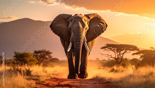 A majestic elephant walking through golden savannah grass at sunrise, with dramatic clouds and warm sunlight.