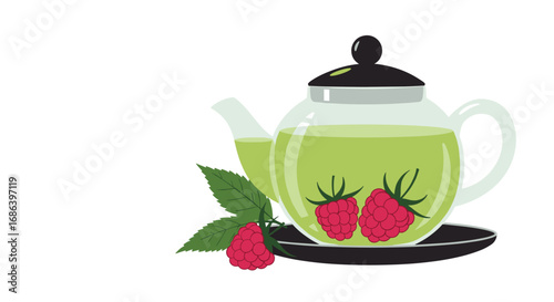 Raspberry green tea in elegant glass teapot, inviting warmth and relaxation with every sip