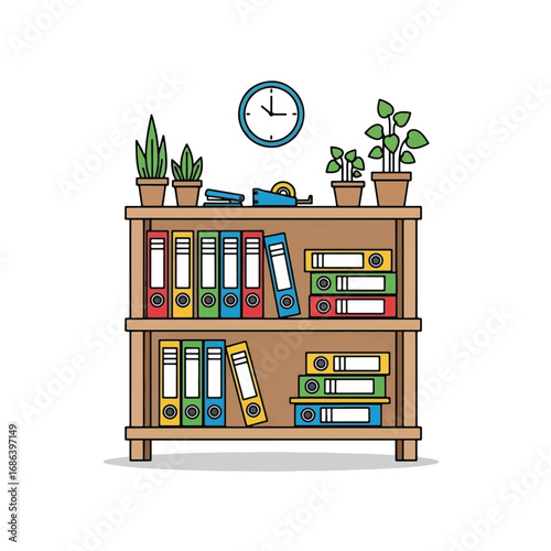 A wooden bookshelf filled with binders, office supplies, and potted plants, with a clock on the wall above.