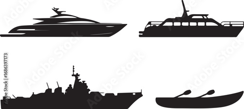 Diverse Watercraft Silhouettes Yacht, Motorboat, Warship, and Rowboat on Transparent Backdrop