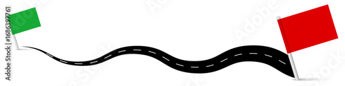Start and finish map pointer pin flags green and red flag. Winding road. Road in the form of a snake. Flat vector illustration isolated on white background.