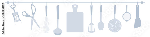 Kitchen rail, on which hang a corkscrew, scissors, whisk, ladle and cutting board, spatula, spoon, colander, sieve. Flat vector illustration isolated on white background.