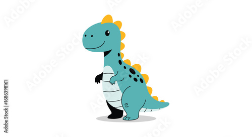 Cute cartoon dinosaur character smiling with friendly expression on white background