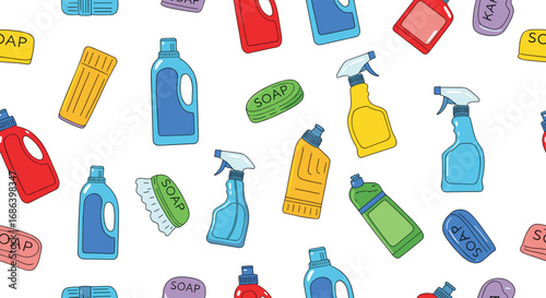 Bright and colorful cleaning supplies pattern perfect for home care, hygiene, and spring cleaning