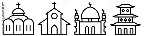 Orthodoxy, Catholicism, Islam, Buddhism. Line icon set. Temples of different religions. Flat vector illustration isolated on white background.