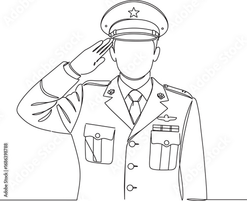 Continuous line drawing of a military officer saluting with hand on forehead