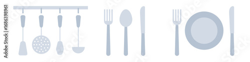 Kitchen and cutlery. Spatula, colander, ladle. Two-tone grey icons. Flat vector illustration isolated on white background.