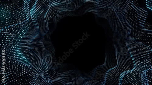 Dynamic 3D digital particle wave forming a circular frame with empty black center, ideal for text placement in tech, data, AI, and futuristic concept presentations or backgrounds.