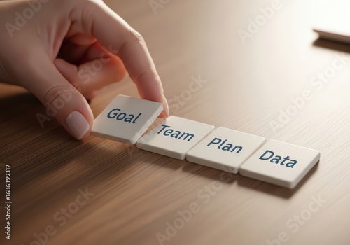 Hand arranging tiles with goal, team, plan, and data on wooden table