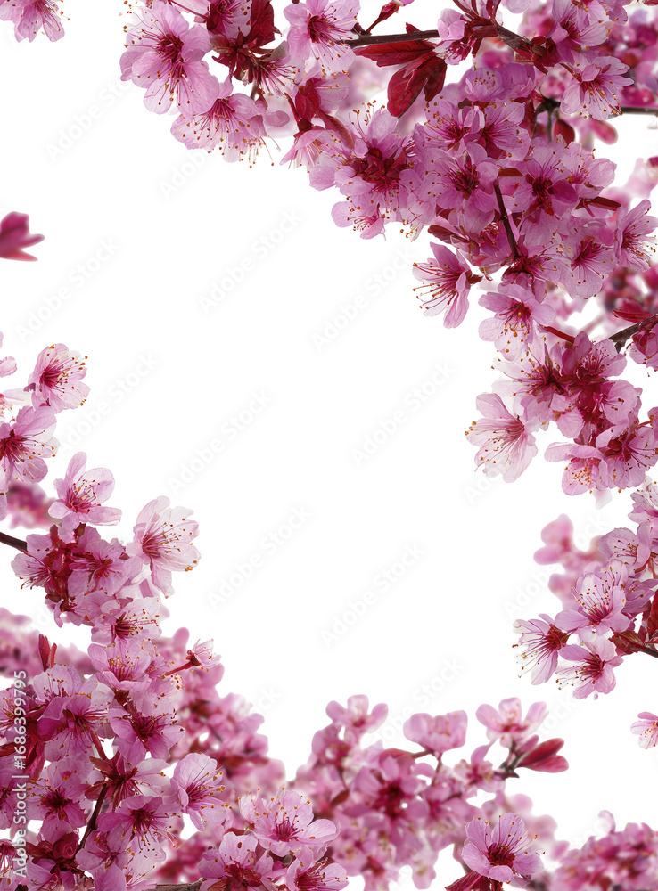 Fototapeta premium Close-up of vibrant pink cherry blossoms, forming a frame around a dark space