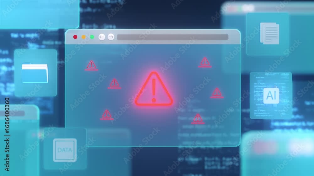 Cybersecurity alert concept showing system warning symbols in browser window interface, representing hacking threats, data breaches, and internet security issues in digital environments.