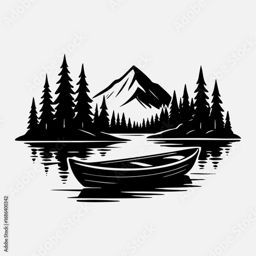 Vector art of rowboat on a serene lake surrounded by pine trees and a majestic mountain