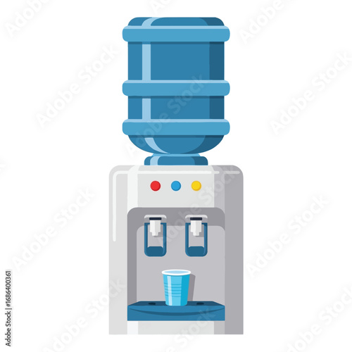 A detailed image of a water cooler with a full water bottle on top and a cup.