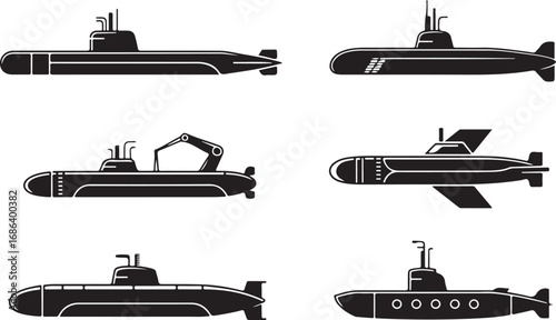 Submarine Vector Set Underwater Vessel Naval Ship Symbol Isolated on Background