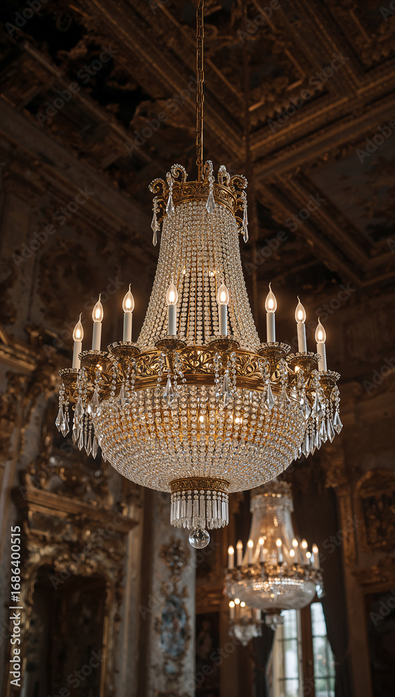 Obraz premium Luxury crystal chandelier in the interior of the palace. Luxury chandelier in the interior of the room. Luxury crystal chandelier in the interior of the building.