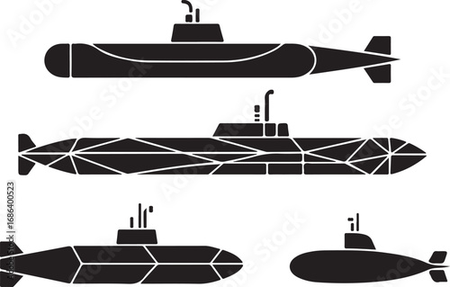 Submarine Silhouette Set Naval Transport Underwater Exploration Marine Technology Sea