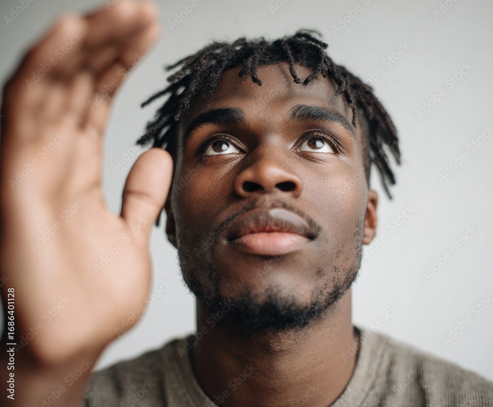 Obraz premium Close-up portrait of a man with dreadlocks, gazing upward, with a hand reaching out, conveying a thoughtful and introspective mood.