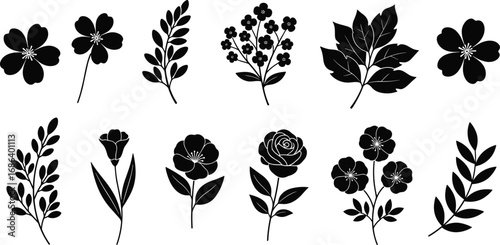 Black silhouette vector set of twelve floral icons with diverse petal shapes, leaf structures, and botanical arrangements for design use