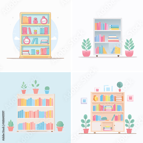 Bookcase playful pastel cartoon collection, cute vector characters, soft vibrant design.