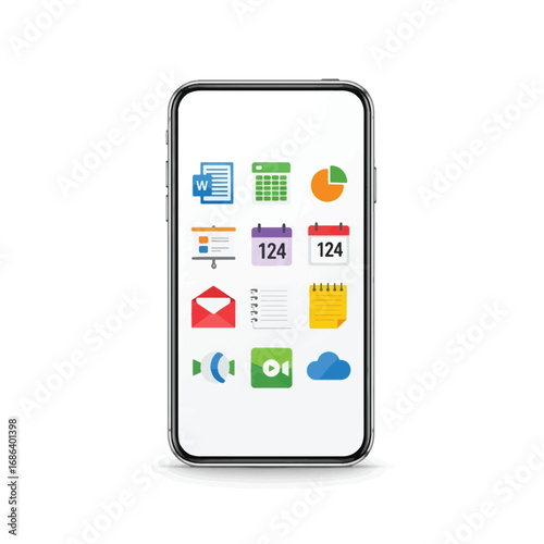 A modern smartphone displaying a collection of colorful office and productivity application icons on its screen, isolated on a white background.