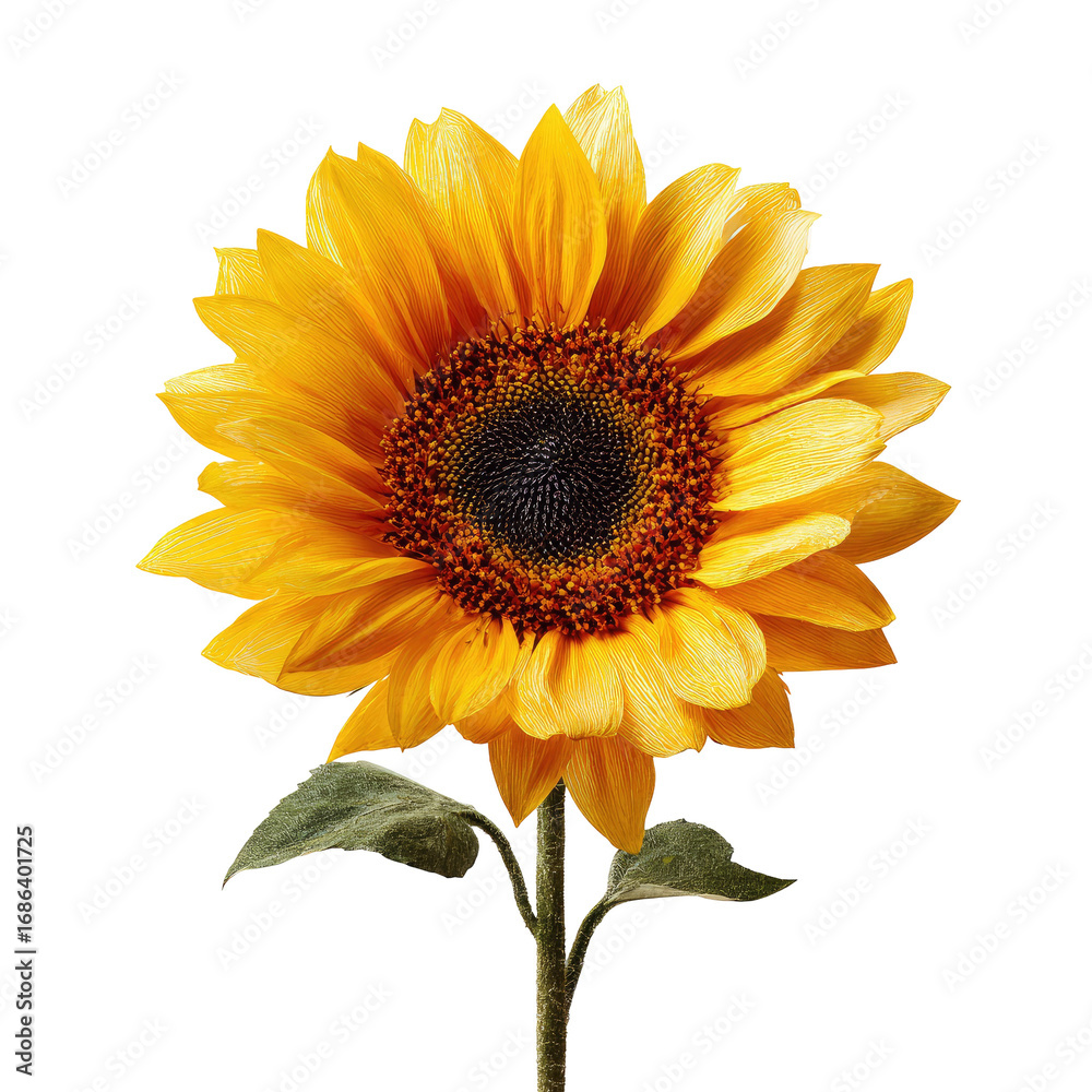 Fototapeta premium Close-up of a vibrant sunflower. Bright yellow petals surround a dark brown central disc. Green leaves are visible at the stem