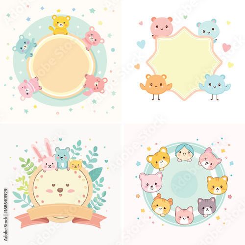 Label playful pastel cartoon collection, cute vector characters, soft vibrant design.