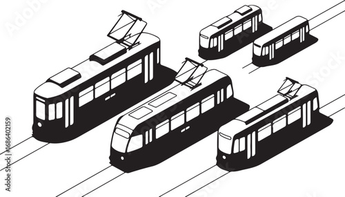 Isometric Tram Silhouette Collection Urban Public Transport Concept Art Illustration