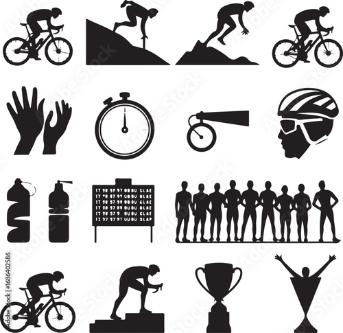 Cycling Race and Sports Icons Silhouette Collection Keywords: cyclist, bicycle, racing, mountain