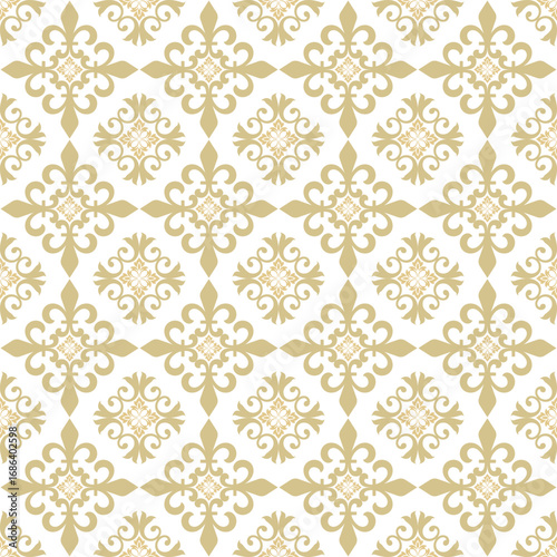 This elegant seamless damask floral pattern features delicate gold tones arranged in an orderly fashion on a white or cream background. It can be used for wallpaper, curtains, graphics, scrapbooks
