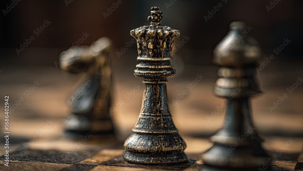 Fototapeta premium Close-up of a dark-toned antique chess queen piece, on a checkered board with other pieces in soft focus