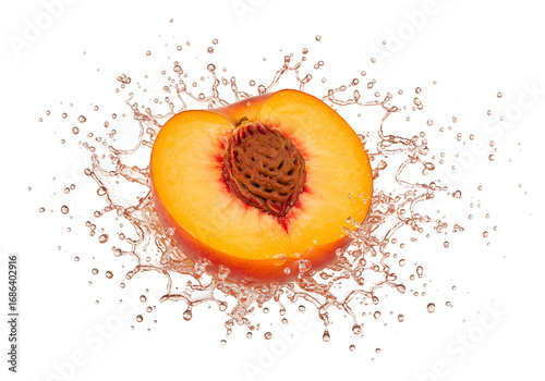 Peach half with juice splash fresh fruit transparent background