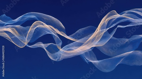 Abstract flowing fabrics in pale gold and blue against a deep blue background