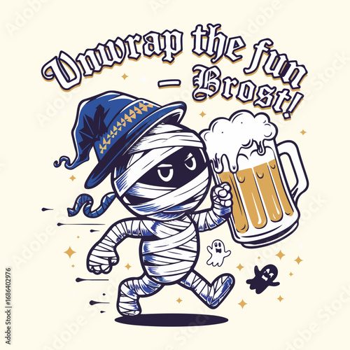 Oktoberfest and halloween a cartoon mummy wearing a hat running with a beer mug and ghost characters tshirt design