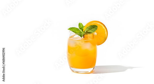 Fresh orange and mint cocktail or mocktail with ice in a glass on a white background