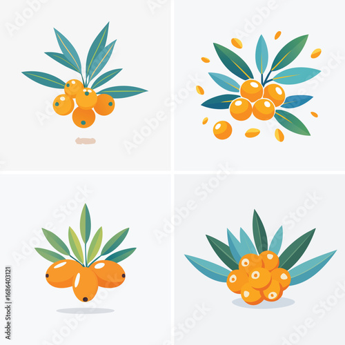 Sea Buckthorn a vibrant collection of abstract vector illustrations, multiple colorful elements mixed together, energetic and playful composition.