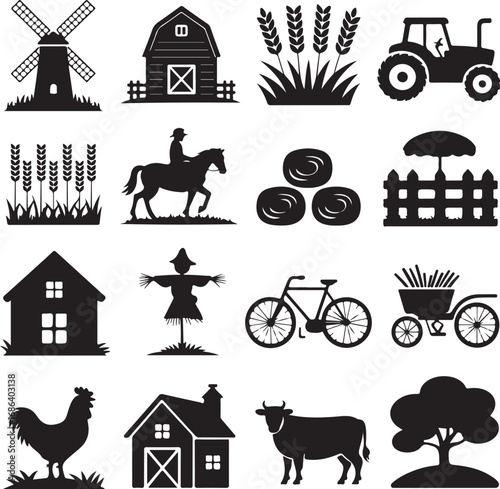 Farm and Agriculture Silhouette Icon Set Keywords: farm, agriculture, windmill, barn, tractor
