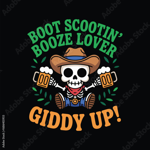 Oktoberfest and halloween skeleton cowboy with beverages and text on a black background centered image tshirt design