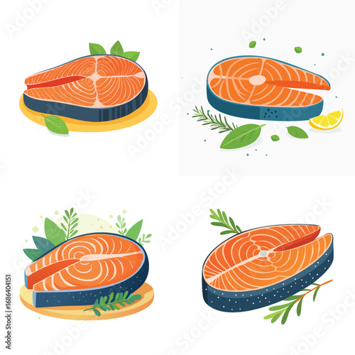 Grilled Salmon a fun and colorful ensemble of mixed vector graphics, full of vivid tones and modern abstract design elements