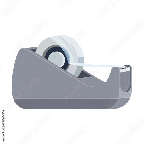 A gray desktop tape dispenser with a roll of clear adhesive tape, shown from the side on a white background.
